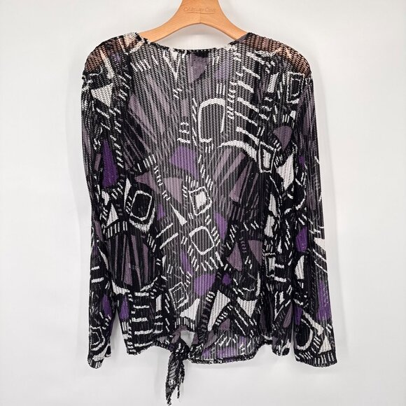 Chicos 2 Black Purple Tie-Front mesh Cardigan jacket Size large Geometric - Picture 9 of 10